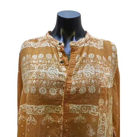 Magnolia Pearl Boho Style Mustard & Cream Floral Print Dress w/Button Front - Picture 3 of 11